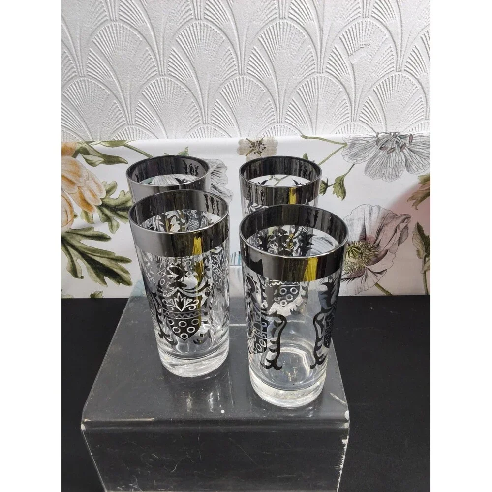 Vintage Mid Century Kimiko Silver Knight Shield Highball Tumbler Glass  Set of 4